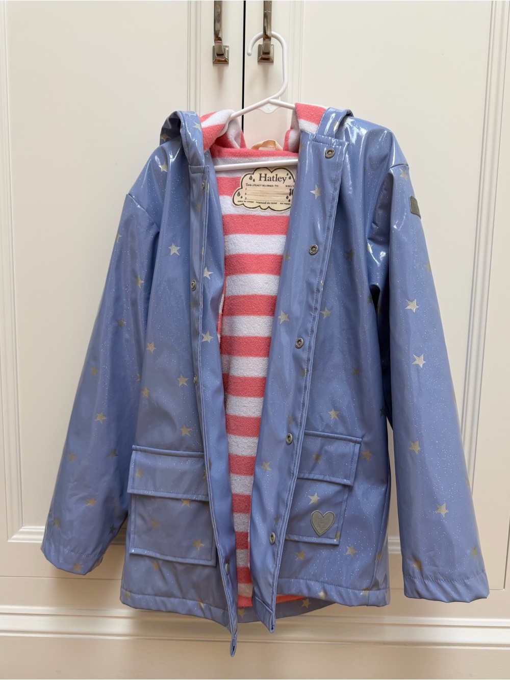 Hatley Girls Size 10 Blue Silver Star Glitter Raincoat Terry Lined